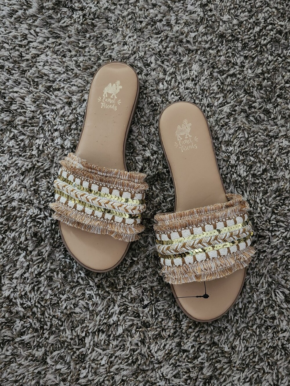 Camel Threads Tan Beaded Fringe Slide Mules